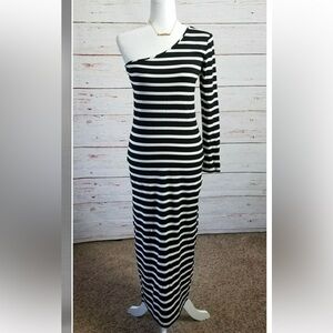 TORN by Ronny Kobo l black white striped bodycon maxi dress